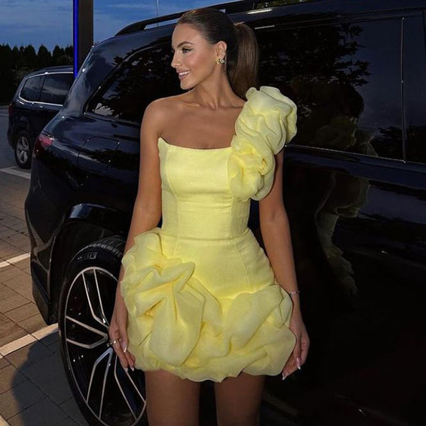 Yellow One Shoulder Ruffle Dress