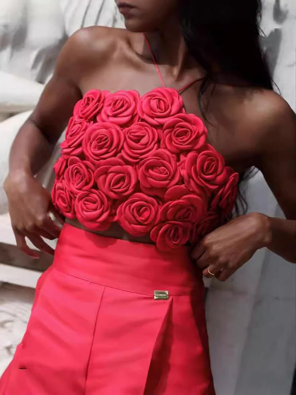 3D Red Rose Halter Top