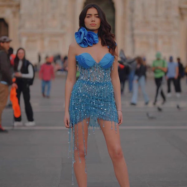 Blue Sequin Flower Dress