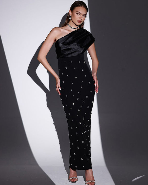 Black One Shoulder Rhinestone Dress