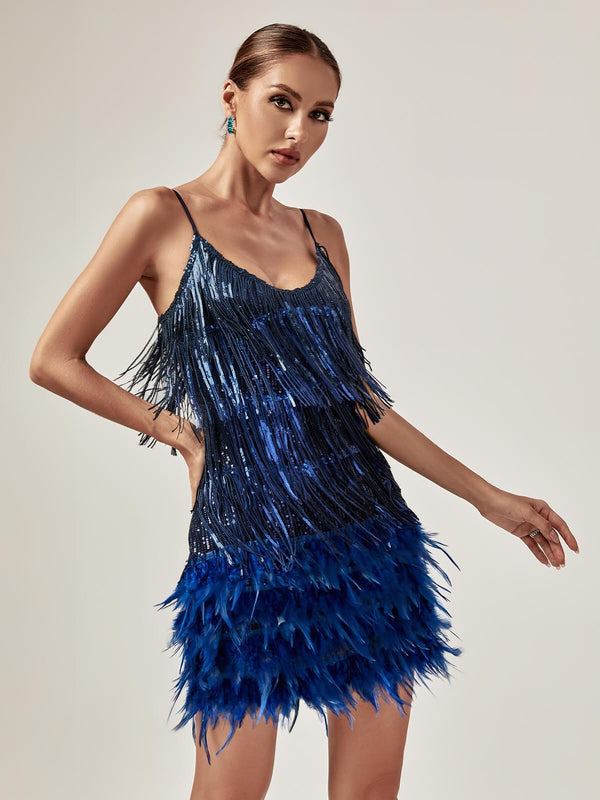 Glamorous Blue Fringe Feather Dress