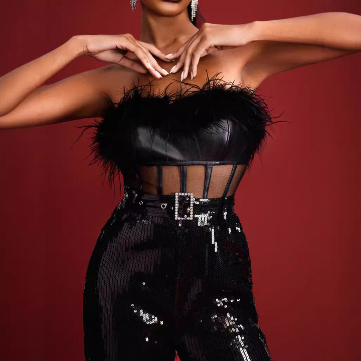 Black Feather Sequin Corset Jumpsuit 3