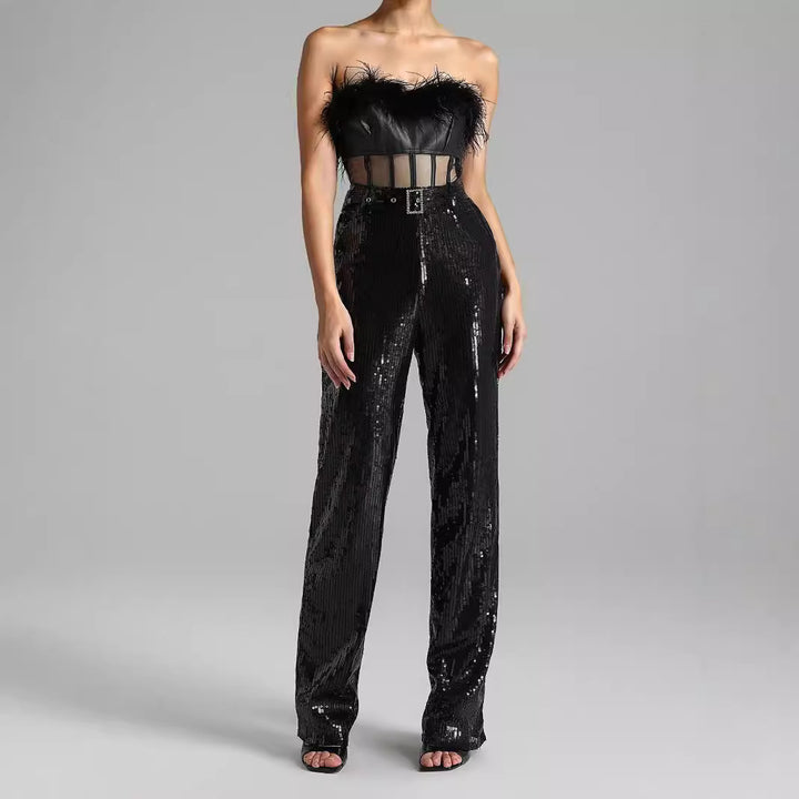 Black Feather Sequin Corset Jumpsuit 5