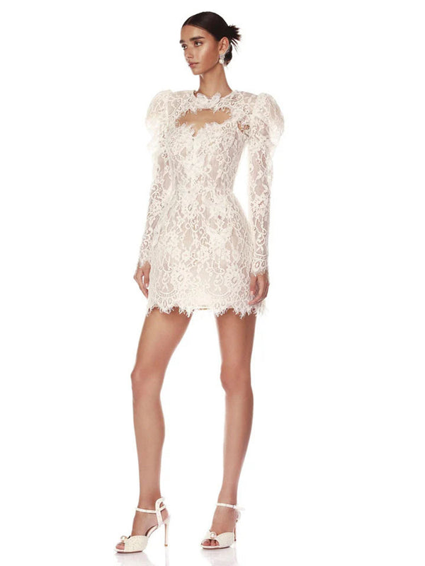 Elegant White Lace Puff Sleeve Dress