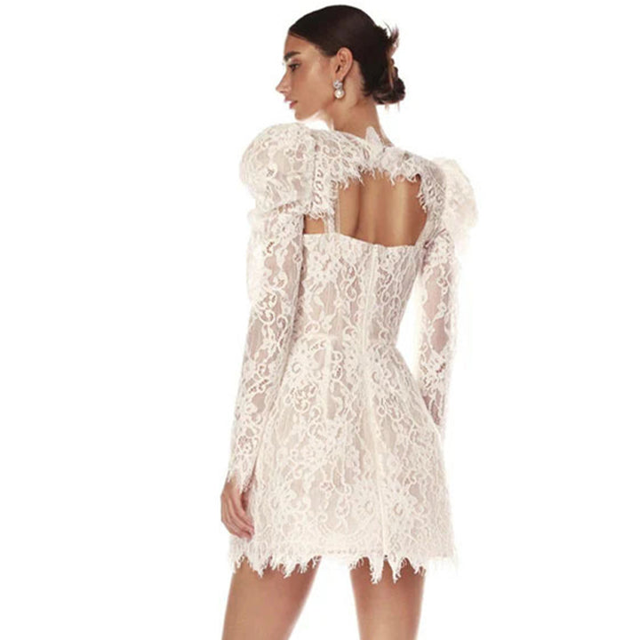 Elegant White Lace Puff Sleeve Dress 3