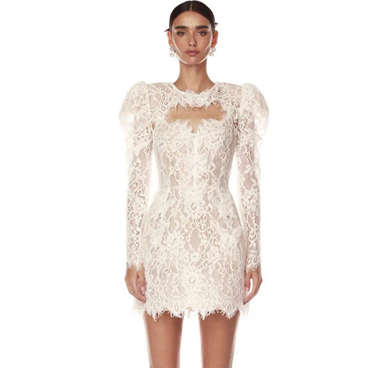 Elegant White Lace Puff Sleeve Dress 4