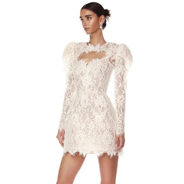 Elegant White Lace Puff Sleeve Dress 5