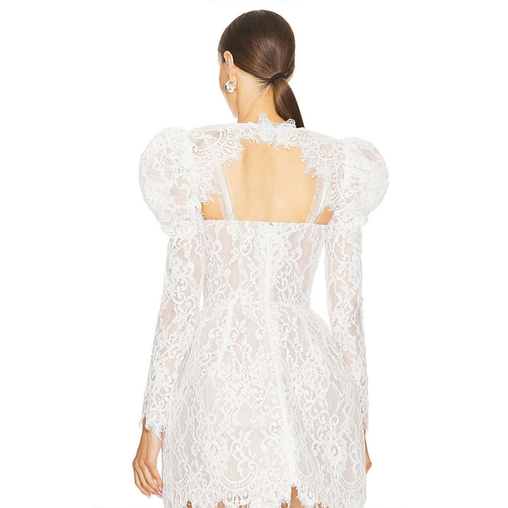 Elegant White Lace Puff Sleeve Dress 6