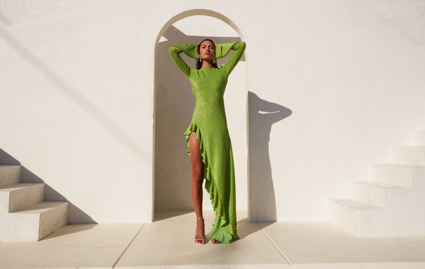 Emerald Ruffle Slit Dress