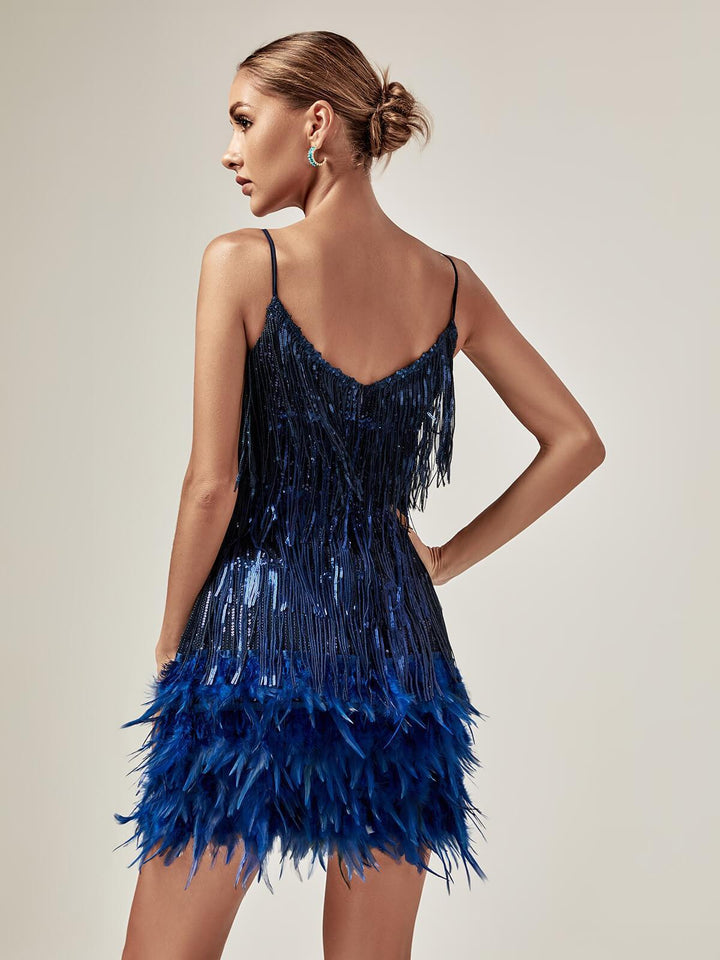Glamorous Blue Fringe Feather Dress 1