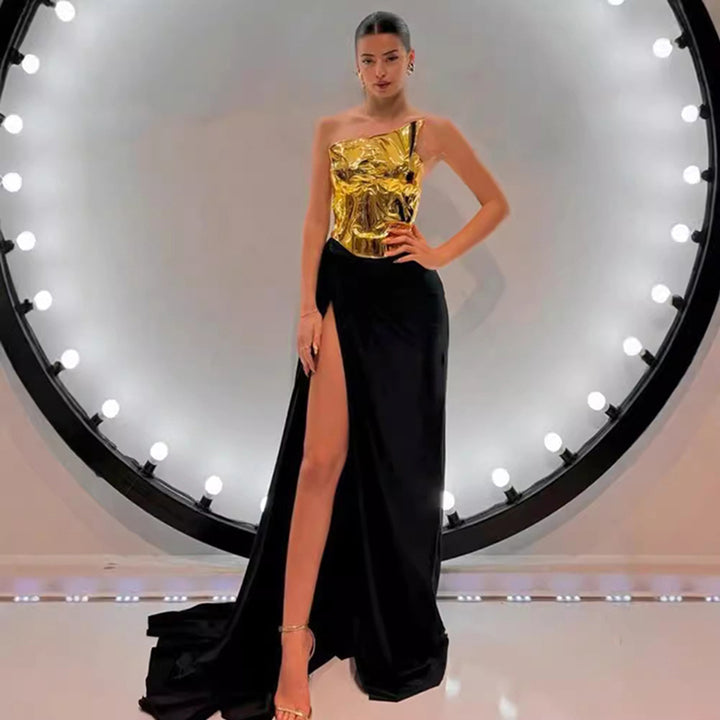 Metallic Corset Slit Gown