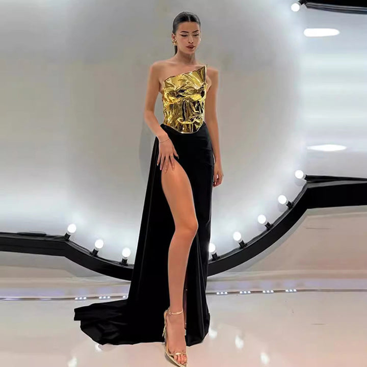 Metallic Corset Slit Gown 1