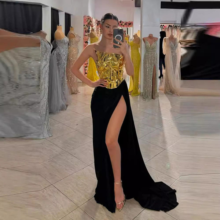 Metallic Corset Slit Gown 4
