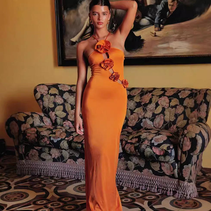 Orange Floral Halter Dress