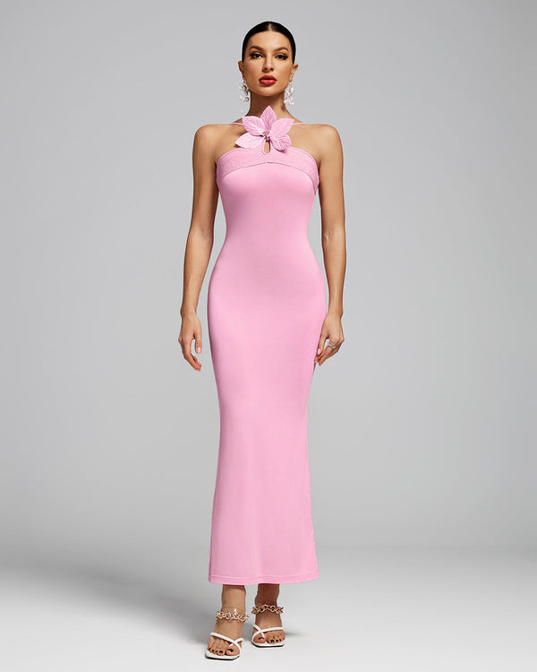 Pink Halter Neck Flower Dress