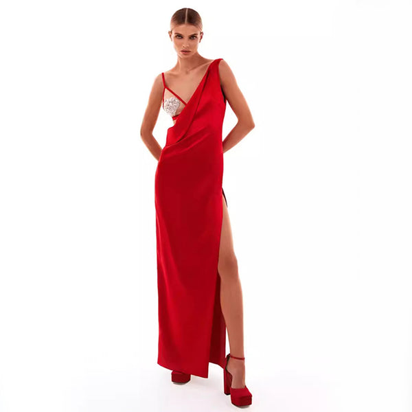 Red Satin Slit Dress 1