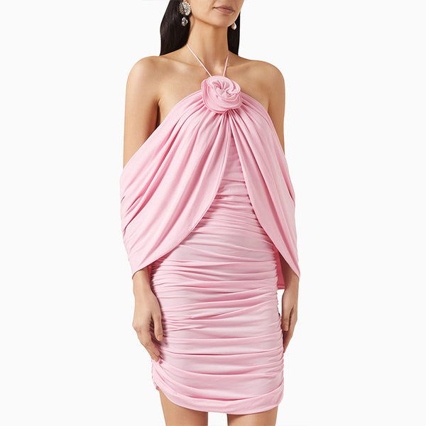 Sexy Pink Ruched Halter Dress